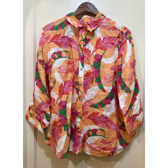 Chico's Tops - Chicos 100% Linen Button Down Shirt 3 XL 16 Orange‎ Tropical Leaf Coastal Resort